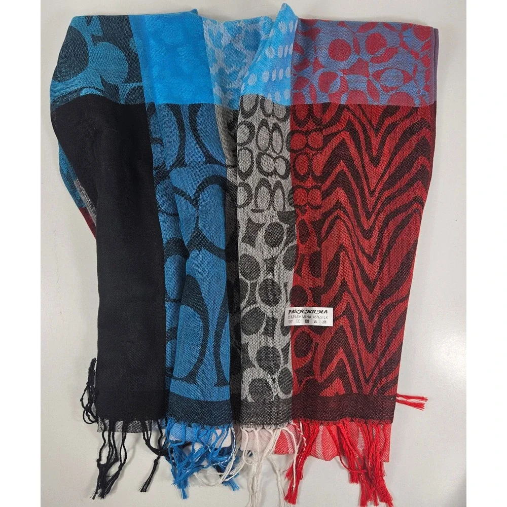 Coach Monogram Signature C Patchwork Scarf Wrap Pashmina Silk Fringe 70x28